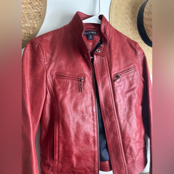Vintage 90’s Tommy Hilfiger Red Leather Moto Jacket Preppy Americana Streetwear - Picture 6 of 9